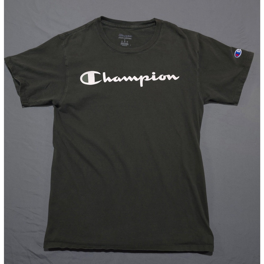 Champion Script Logo T-Shirt Mens Small Dark Olive Green Short Sleeve - Picture 1 of 9